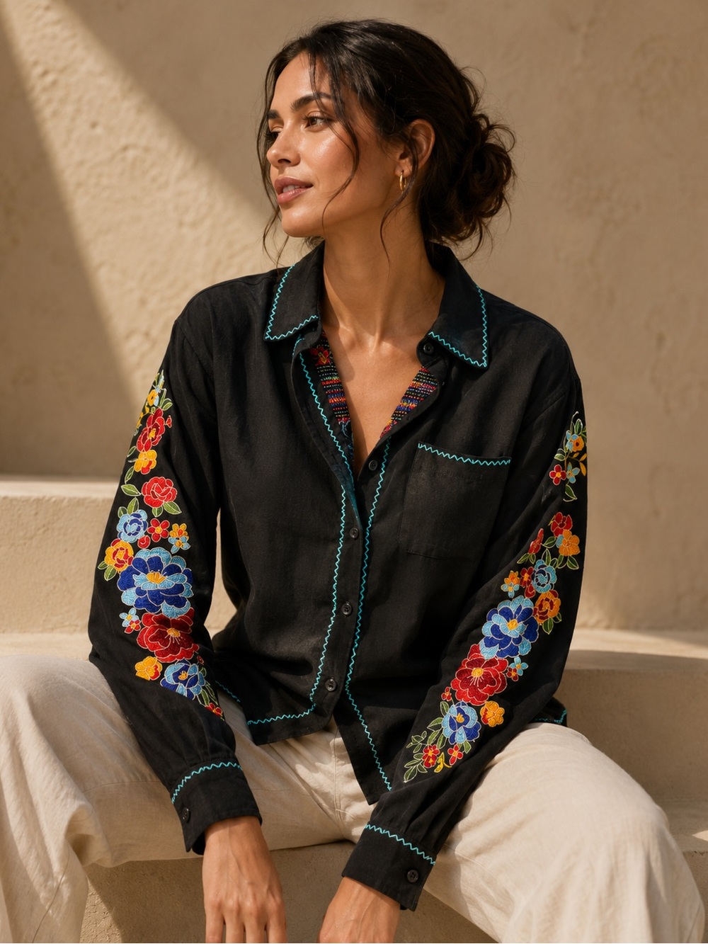 ANDREE BY UNIT Black Button-Down Shirt with Multicolor Floral Embroidery S